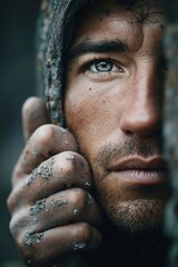 A man with a hoodie on his head looking through a fence