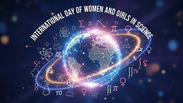 International day of women and girls in science poster with glowing planet and mathematical symbols in space - Powered by Adobe