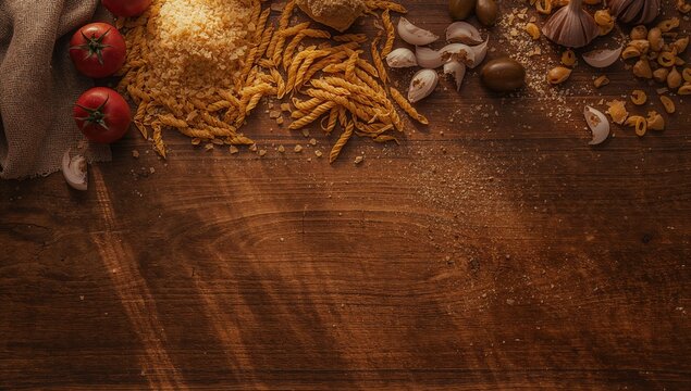 Uncooked pasta alongside parmesan, tomatoes, onion, olive oil, garlic and pepper on wooden surface, suited for meal assembly
