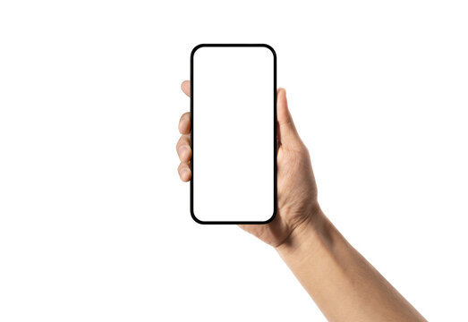 Hand holding smartphone mockup with transparent screen and background, mobile phone Ui UX mockup