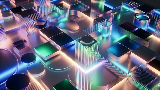 Premium 3D glassmorphism abstract background with glowing neon micro-structures and iridescent geometric modules for futuristic tech branding