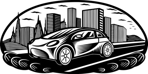 Electric Vehicle Driving Through Modern Cityscape