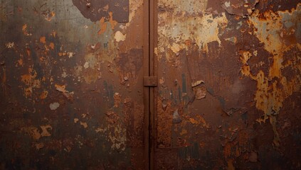 Weathered metal with rust patches serving as a backdrop for design or informational elements, highlighting surface deterioration