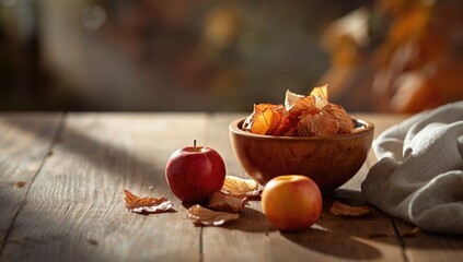 Fresh apples and dried slices in a handcrafted bowl, highlighting fruit preservation techniques, World Food Day