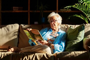 A woman sitting on a couch reading a book