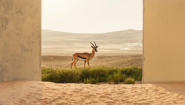 Desert scene with a grazing Arabian sand gazelle in the Al Marmoom conservation area, emphasizing wildlife protection
