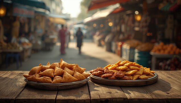 Traditional fried Indian and Brazilian street foods such as samosas and coxinhas prepared with meat and chicken, street food culture