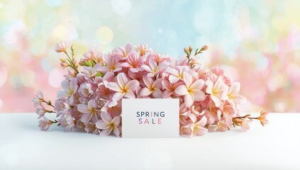Vibrant floral display alongside a card advertising SPRING SALE on a pastel backdrop, ideal for marketing materials