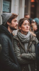 A man and a woman standing next to each other on a city street