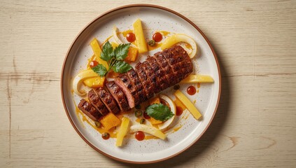 Grilled crocodile tail eye fillet accompanied by roasted sweet potatoes, pineapples, and mango chili chutney on a plate, highlighting protein-rich meal