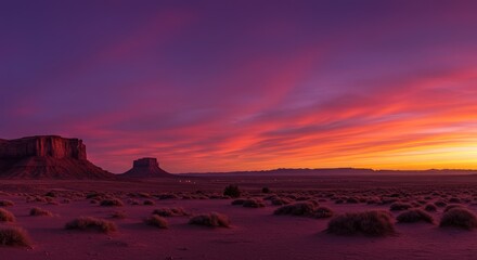 Dramatic sunset over a desert landscape.  Vast, colorful sky