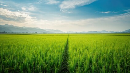 Lush rice paddies blanket the terrain with mountain ranges in the distance and overcast sky, ideal for nature-themed backgrounds or text layouts
