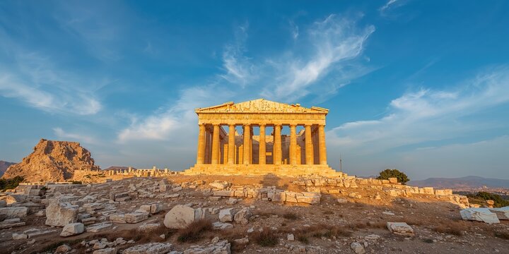 Acropolis in Athens, Greece featuring the Parthenon temple on a sunny day, historical site preservation