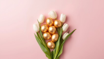 Golden eggs and white tulips arranged on pastel pink backdrop for Easter decoration, holiday setup