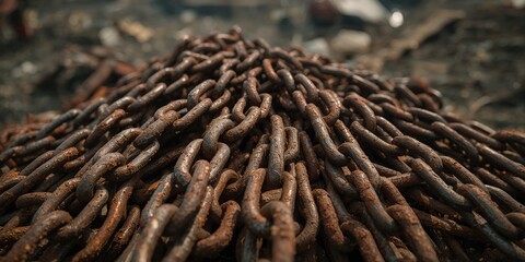 Old rusted chains lying in a scrapyard, highlighting corrosion and recycling processes