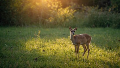 Deer grazing on green grass in a summer landscape, highlighting wildlife preservation, World Wildlife Day
