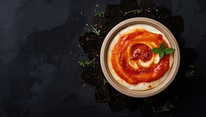 Spicy yogurt tomato sauce, homemade condiment for burgers and grilled meats, served as a dip against a dark background, food styling