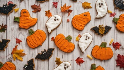 Gingerbread cookies decorated for Halloween on a pale wooden table, festive baking scene