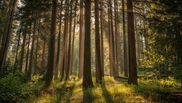 Pine forest canopy seen from ground level, highlighting natural landscape preservation - Powered by Adobe