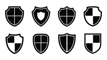 A collection of black and white shield icons with varied designs presented