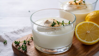 グラス入りのムースと上品でおしゃれな食卓、たっぷりのコピースペースがある高解像度イメージ
Elegant mousse served in a glass with stylish dining setting and ample copy space, minimalist high‑resolution food image
