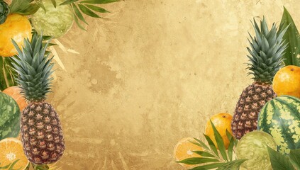 Tropical fruit illustration with watercolor and gold accents, designed as a decorative art piece, World Art Day