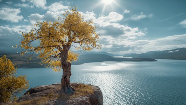 Cliffside tree near Baikal shoreline highlighting coastal stability concerns