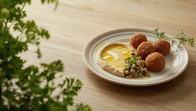 Fried kibbe alongside fresh tabouli and creamy hummus tahine, illustrating a typical Middle Eastern appetizer platter