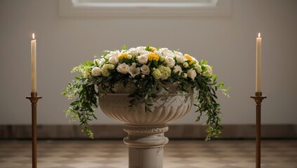 Decorative baptismal font adorned with flowers, used in religious rites, religious observance