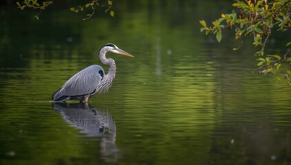 Naklejka premium Heron wading near water, highlighting bird behavior in freshwater environments