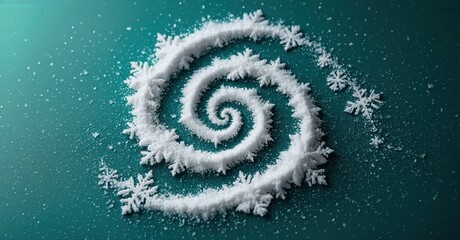 Spiral formed using snowflakes. Bright white contrasts against teal background. Delicate, frosty texture creates winter aesthetic.