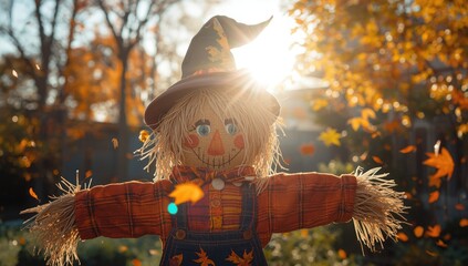 Close-up of a scarecrow in bright sunlight within a garden setting, crop deterrence