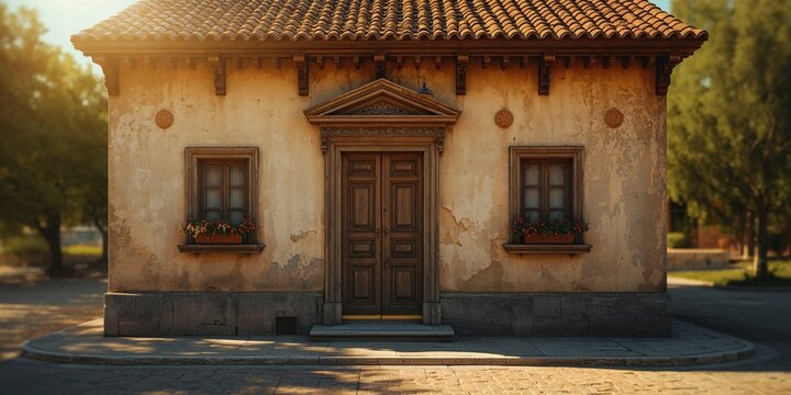 Old medieval structure under sunlight, showcasing weathered wood and tile craftsmanship, reflecting historical preservation