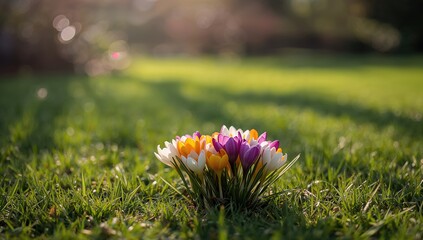Early spring crocuses emerging in grassy patches, seasonal transition