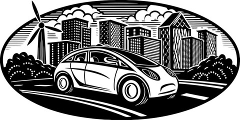 Electric Vehicle Driving Through Modern Cityscape