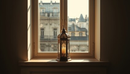 Wooden carved lantern placed on the windowsill, serving as decorative lighting in a warm home setting, no holiday observed