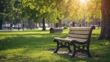 Wooden park bench placed on a crowded street scene used for landscape and architectural elements, summer, nature