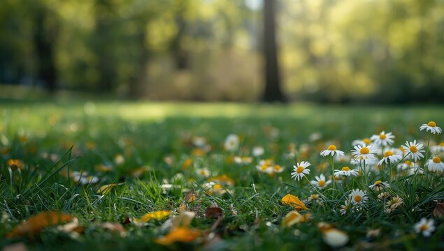 Springtime scene of chamomile flowers in a park, suitable for natural remedies