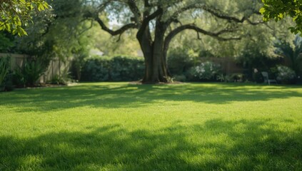 Obraz premium Springtime backyard with vibrant grass and trees serving as a background for landscape layout, focused on seasonal greenery