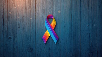 Autism awareness ribbon with interconnected puzzle pieces set against weathered blue wood surface