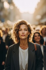 A woman with curly hair standing in front of a crowd of people
