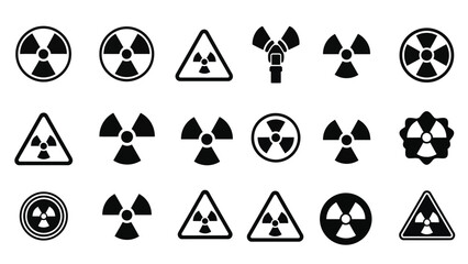 Collection of black and white warning symbols including radiation and hazard signs
