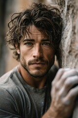 A man with long hair leaning against a stone wall