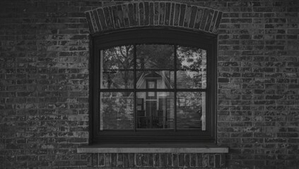 Black and white horse stable featuring brick texture and window details, suitable for layout backgrounds, World Animal Day