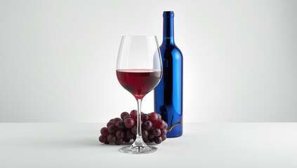 Wine bottle and grapes on white surface, serving as a visual element for food and beverage presentation