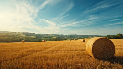 Open field with stacked hay bales, agricultural setting during late summer