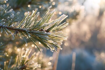 Close-up of frost-covered pine needles sparkling in winter sunlight