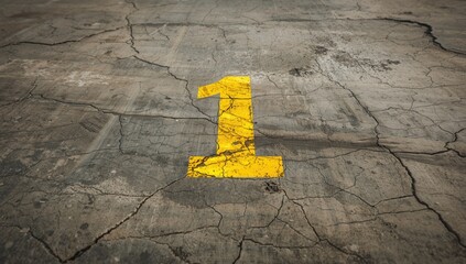 Numeral one painted yellow on cracked pavement, infrastructure deterioration inspection