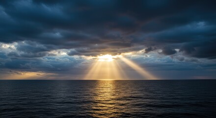 Dramatic sunset over a vast ocean, with dramatic clouds