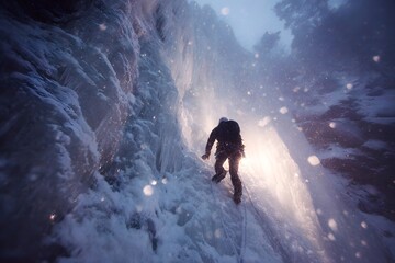 Obraz premium Ice climber ascending frozen waterfall with crampons and rope in dramatic winter mountains